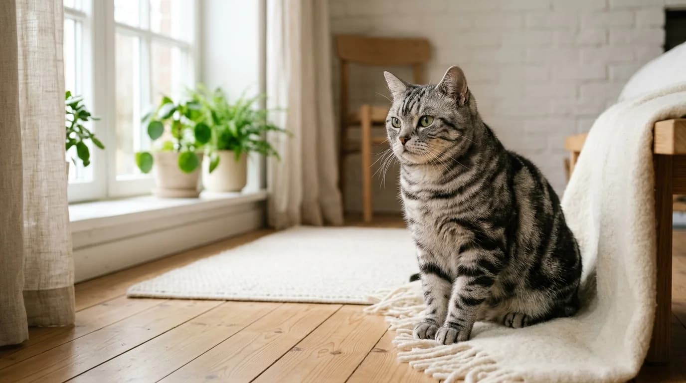 American Shorthair cat in Scandinavian home setting