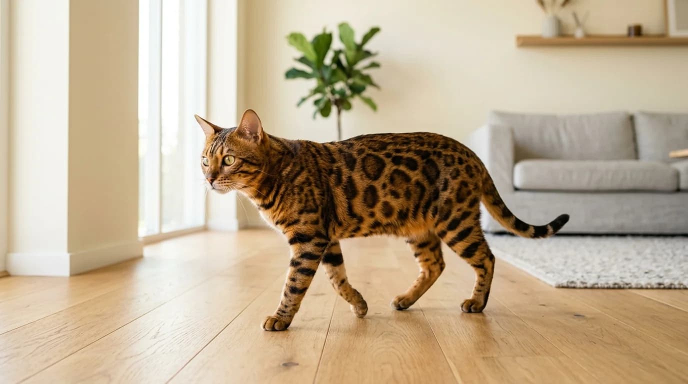 Bengal cat walking on wooden floor showing wild spotted leopard coat pattern