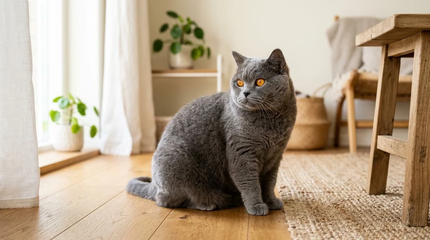 British Shorthair cat in Scandinavian home setting