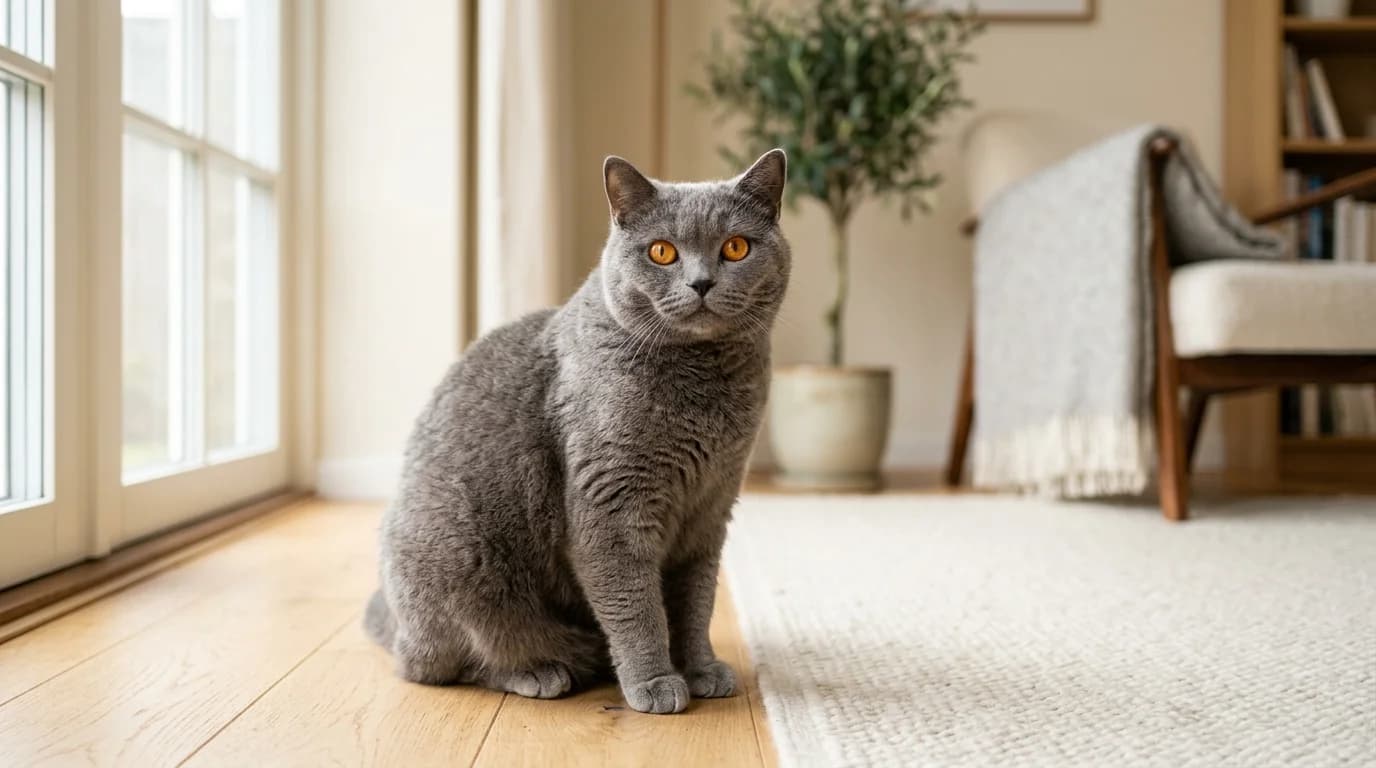 Chartreux cat in Scandinavian home setting