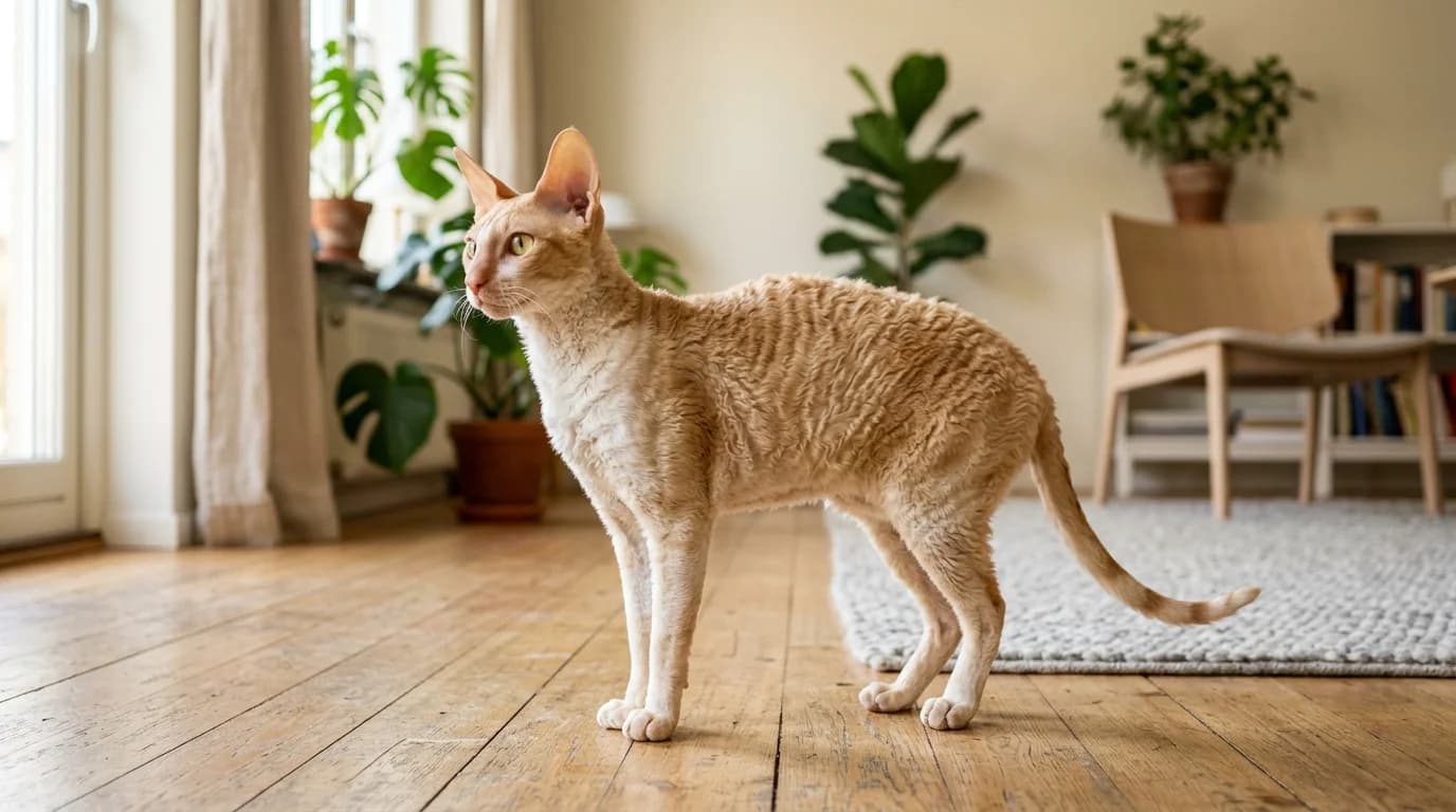 Cornish Rex cat in Scandinavian home setting