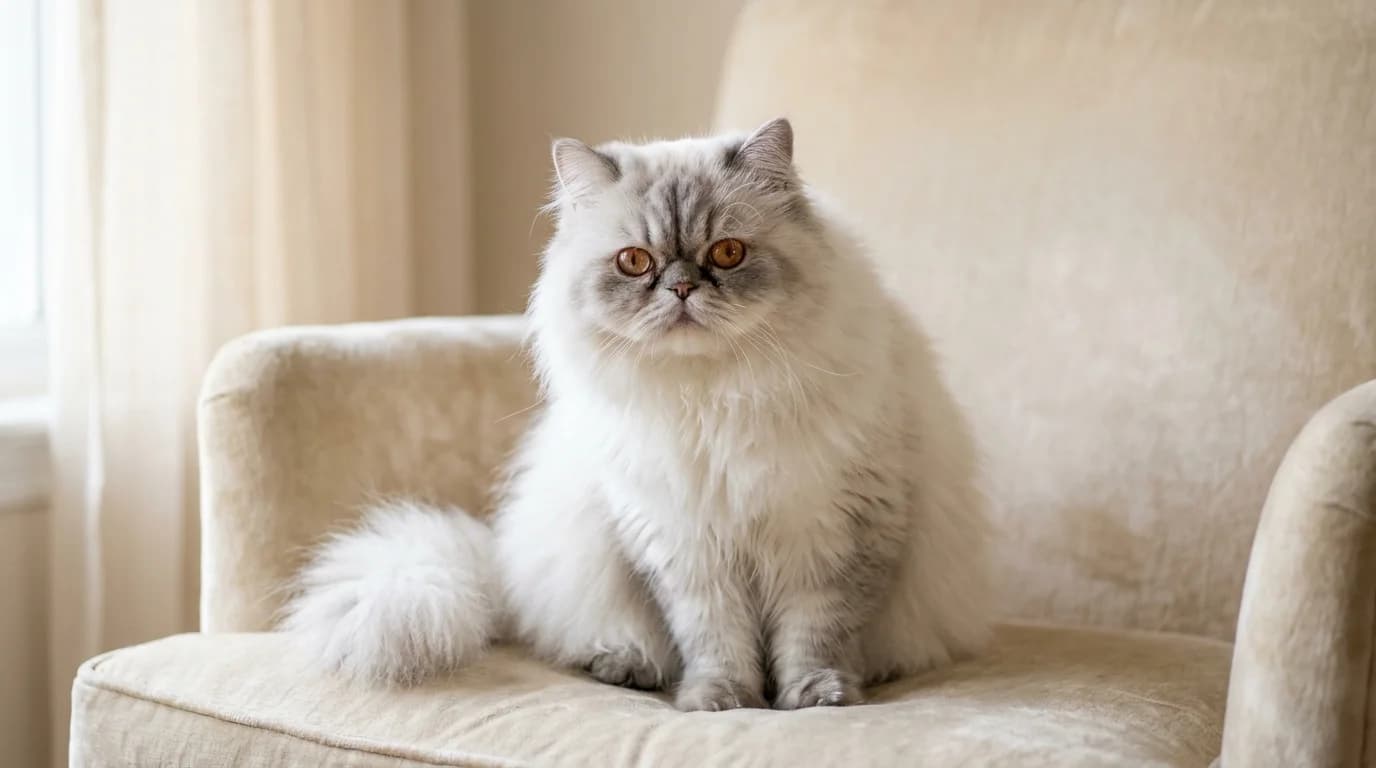 White Persian cat with copper eyes sitting on cream velvet armchair