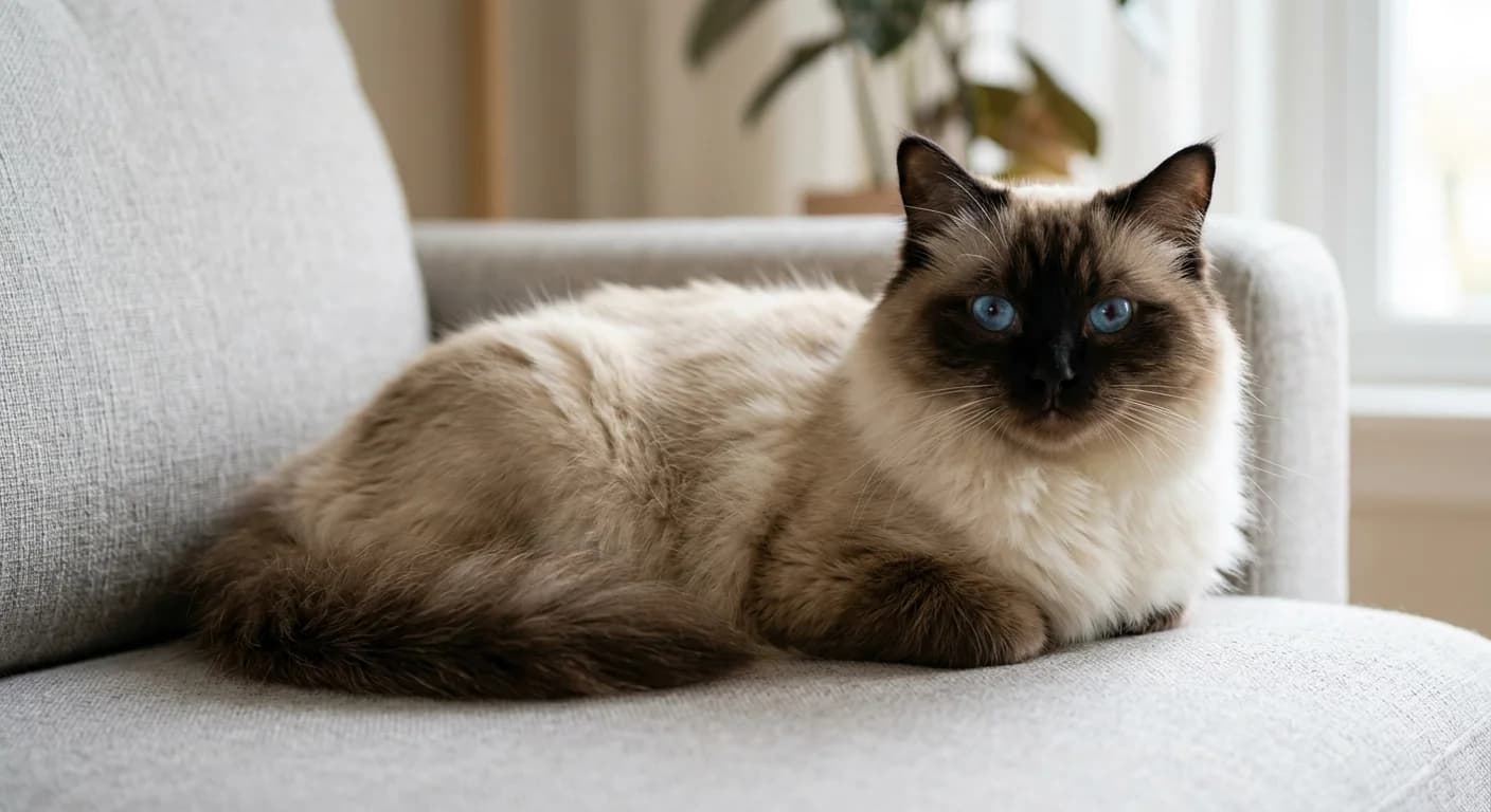 Ragdoll cat with seal colorpoint markings resting on grey sofa