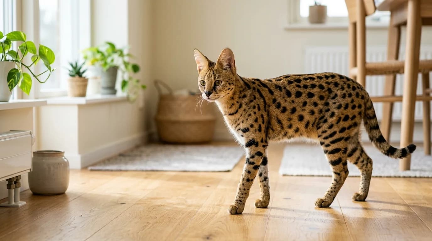 Savannah cat with serval-like spots walking through bright Scandinavian interior