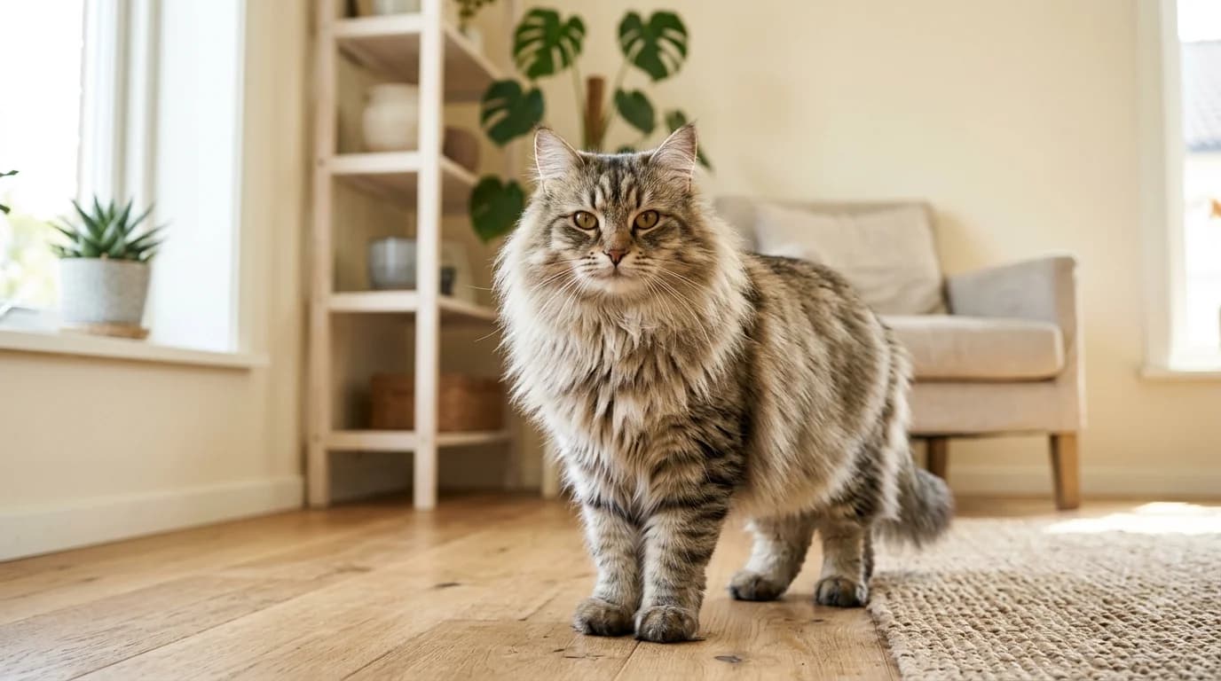 Siberian cat in Scandinavian home setting