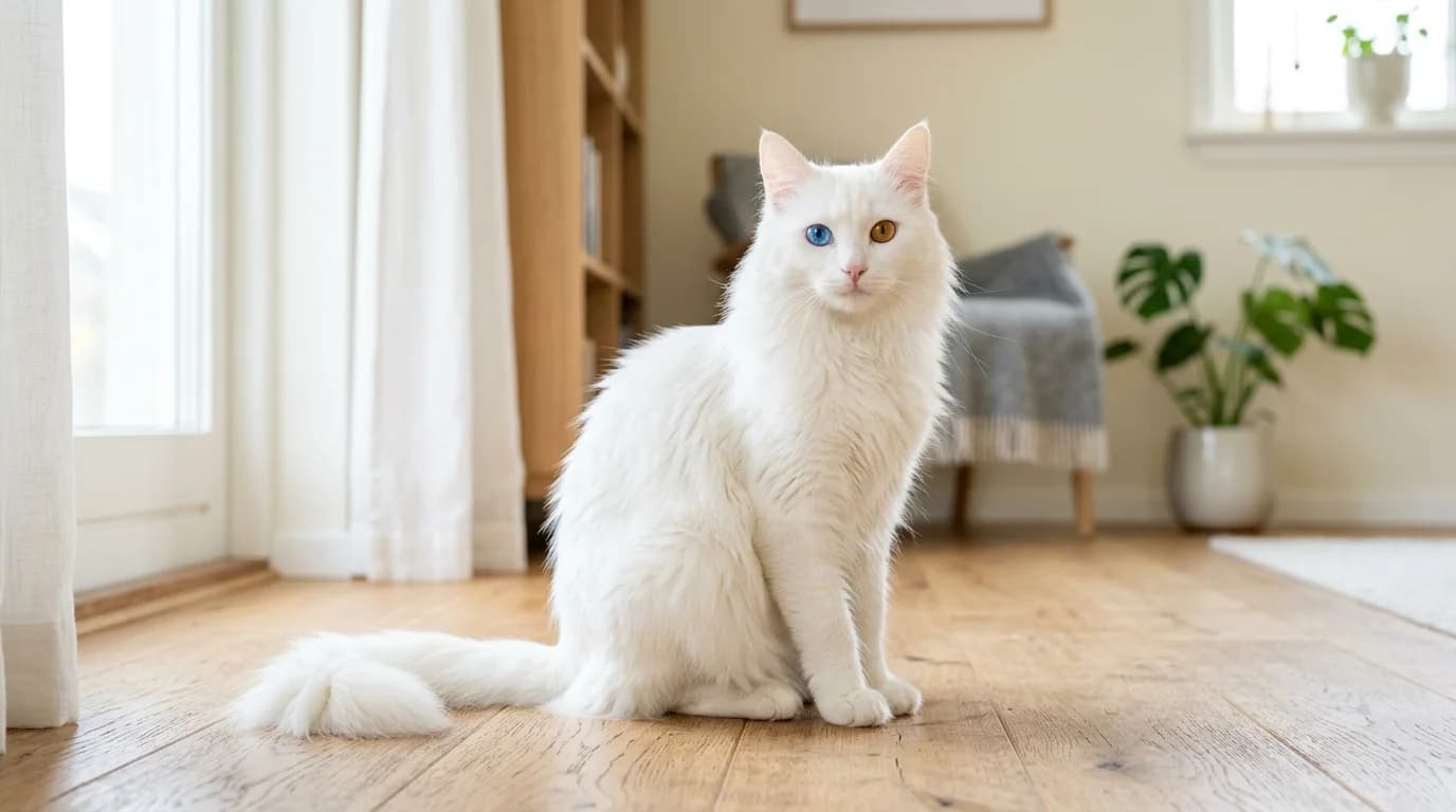 Turkish Angora cat in Scandinavian home setting